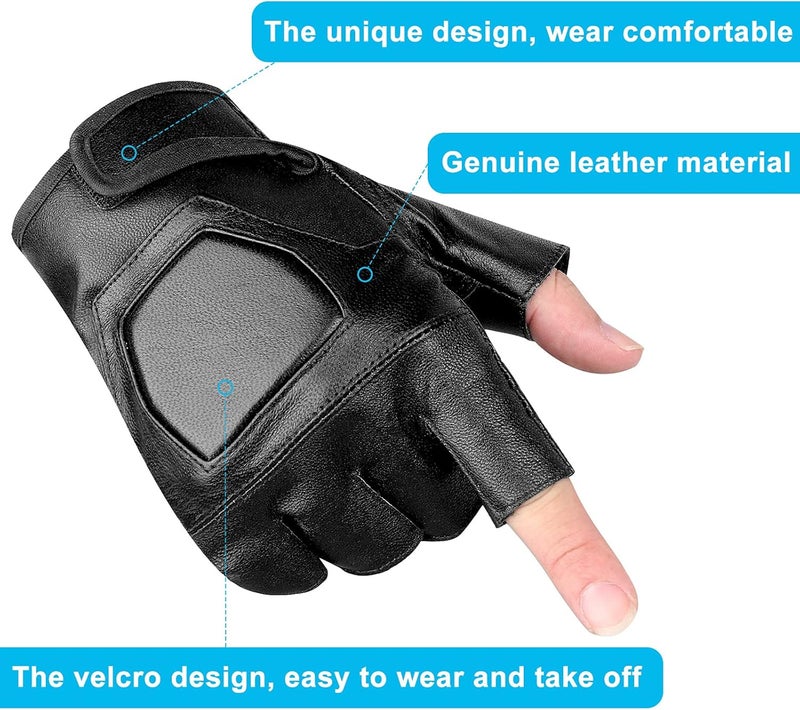 accmor Genuine Leather Cycling Fingerless Gloves, Outdoor Driving Motorcycle Sport Half Finger Glove for Men Women Teens - Image 2